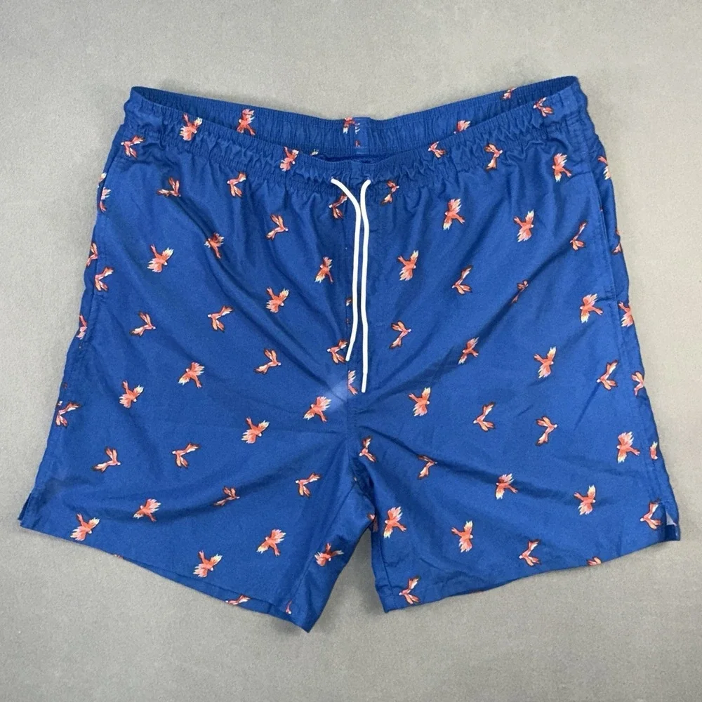 Men's Parrot Print Swim Trunk Mesh Lining Drawstring Board Shorts Blue Size M